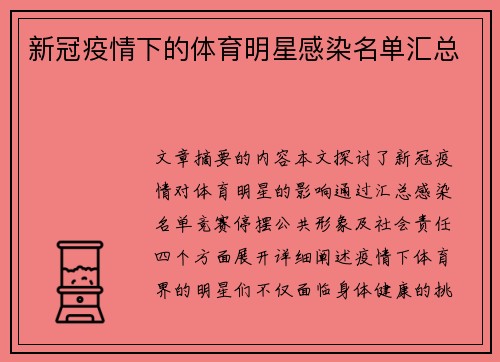 新冠疫情下的体育明星感染名单汇总